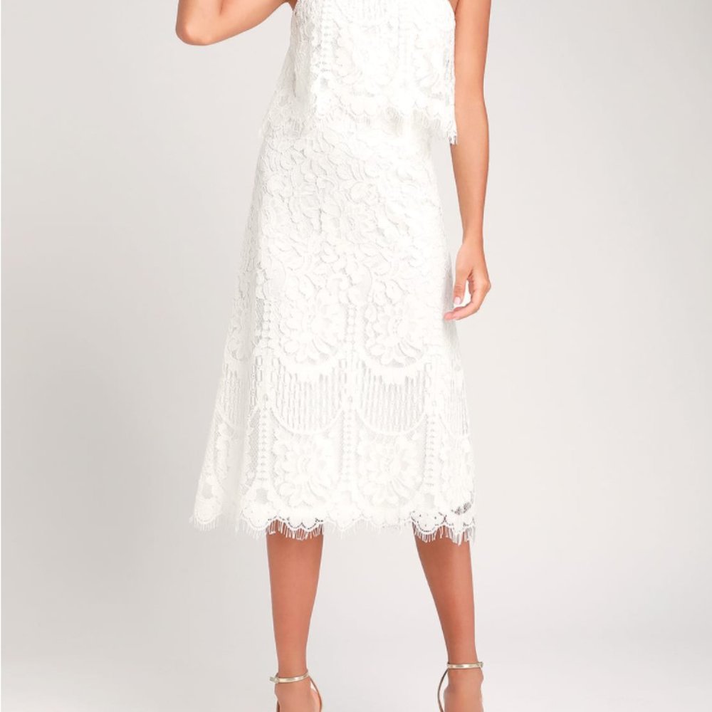White Lace Strapless Midi Dress
